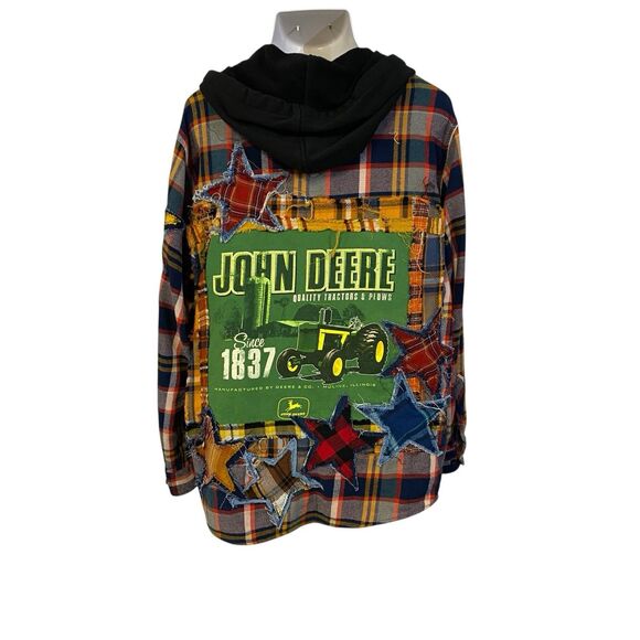 Upcycled Flannel Shirt Shacket Womens XL Tractor Plow  Grunge Patchwork Folk Art - Picture 5 of 11